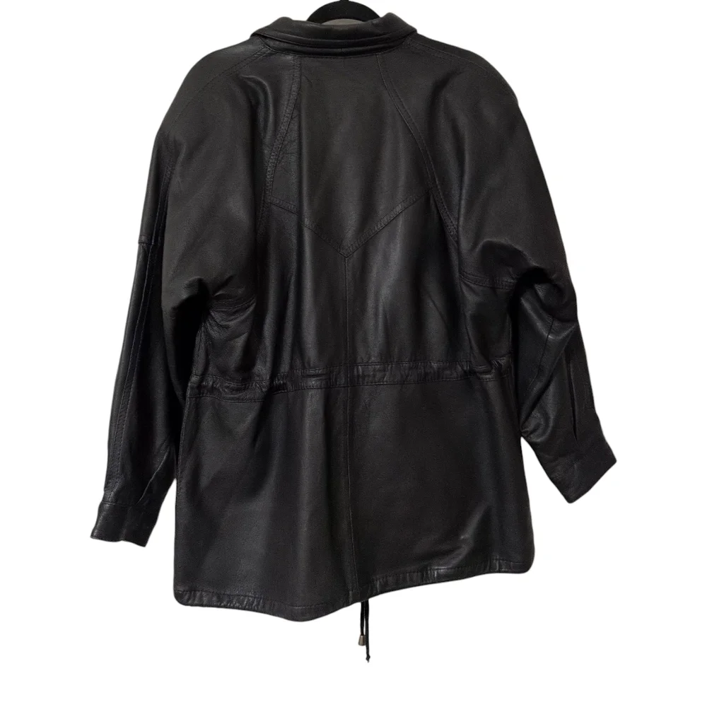 Vintage 80s/90s Men's/ Unisex Black Leather Zip Front Jacket W/ Drawstring